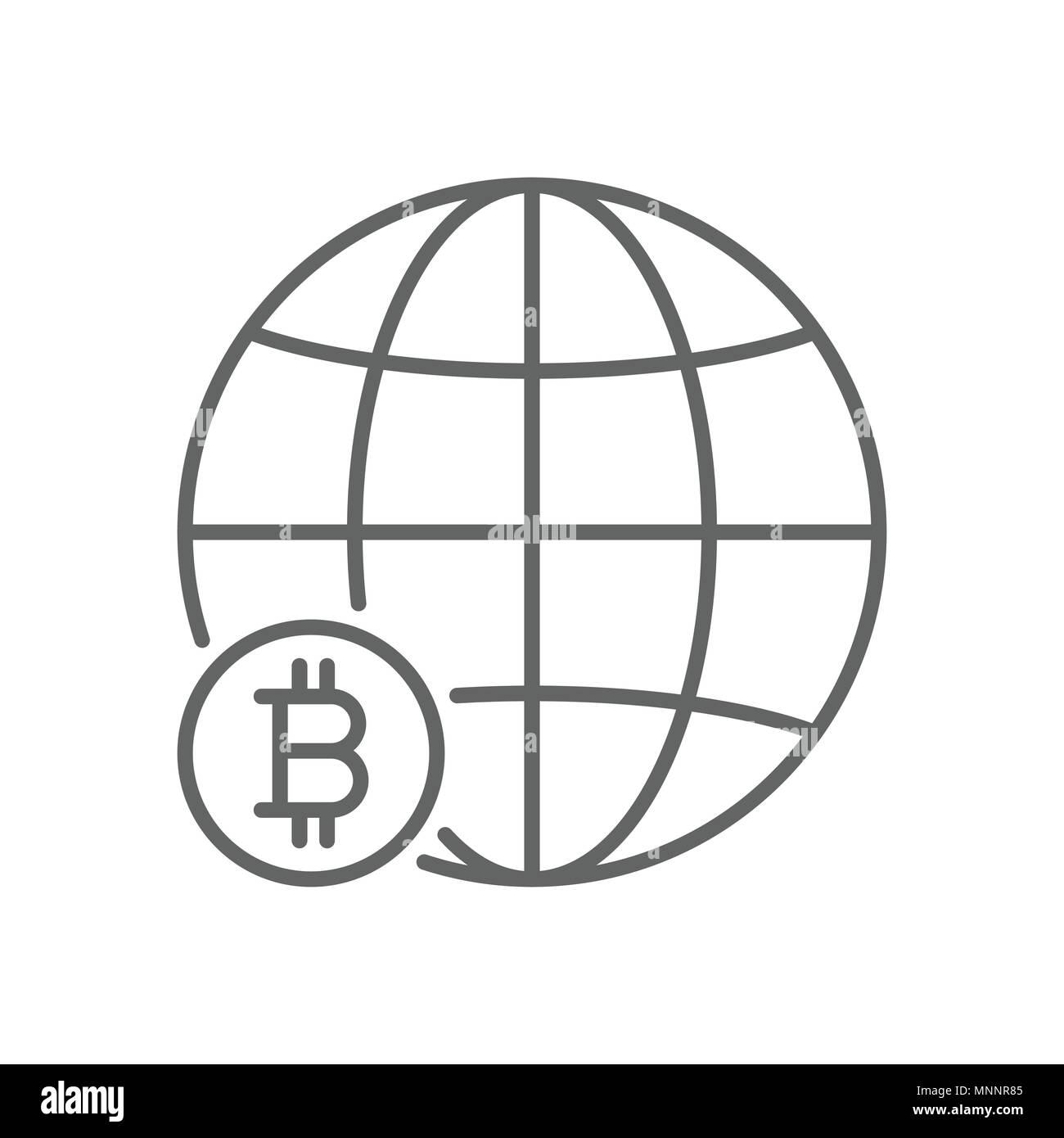 Bitcoin globale mondo sottile linea vettore Simbolo icona grafica del modello di progettazione Illustrazione Vettoriale