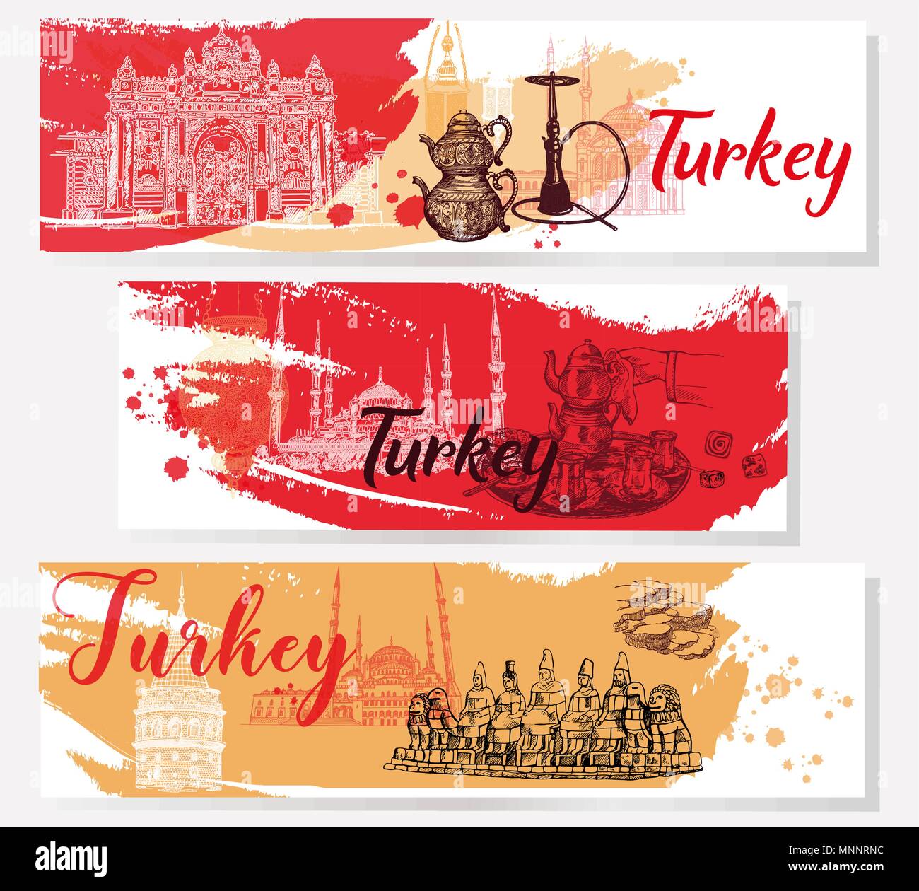 Striscioni con disegnati a mano stile sketch la Turchia gli oggetti correlati. Vettore isolato illustrazione. Illustrazione Vettoriale