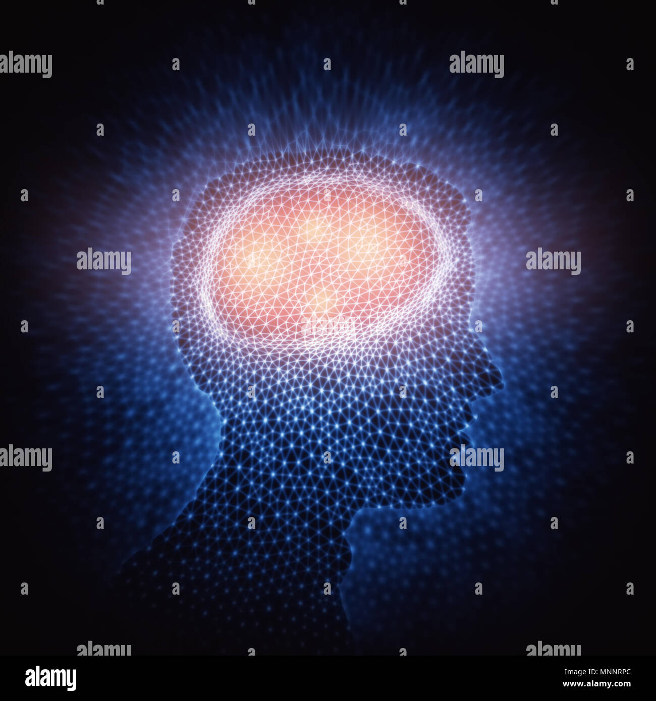 3D'illustrazione. Cervello umano in una struttura di connessioni poligonale che rappresenta la potenza della mente. Foto Stock