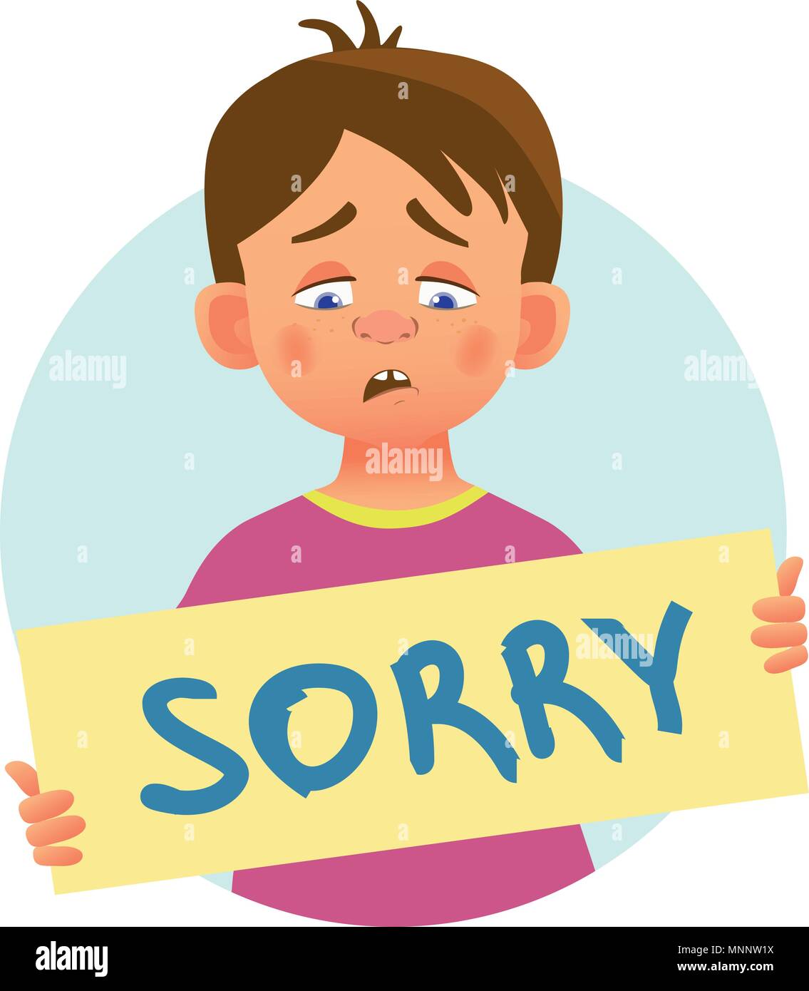 Mi dispiace messaggio su sfondo bianco. Triste boy holding poster con parola Spiacenti. Concettuale messaggio scritto a mano. Illustrazione Vettoriale