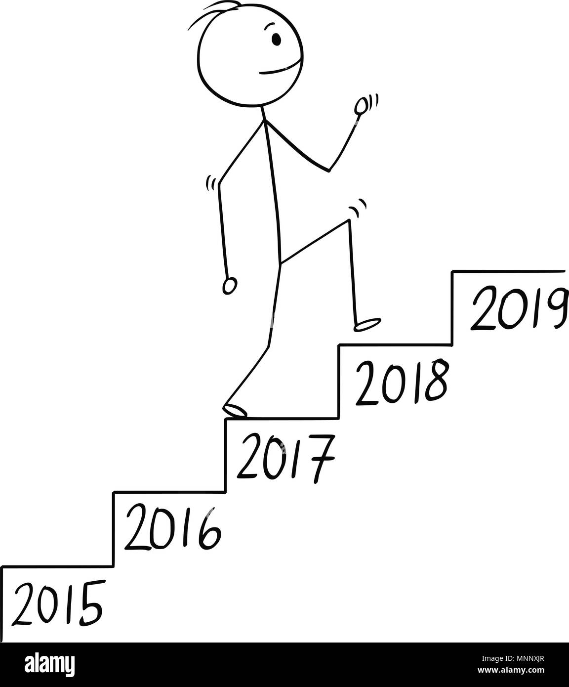 Cartoon di uomo o imprenditore salire le scale, metafora della crescita nel tempo Illustrazione Vettoriale