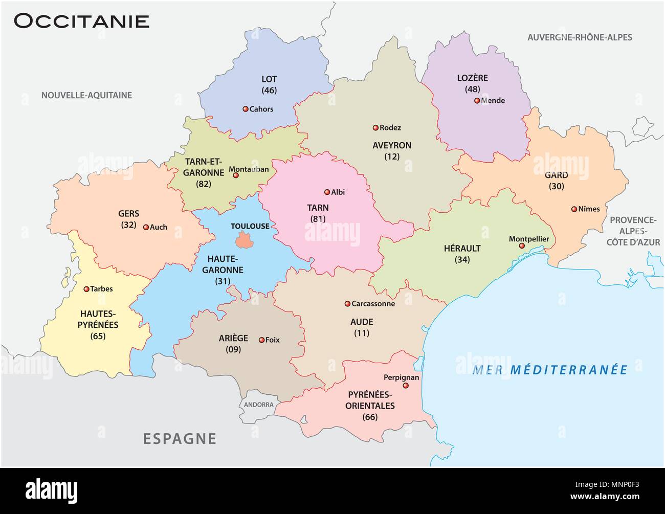 Politica e amministrativa di mappa vettoriale della regione occitanie con bandiera, Francia Illustrazione Vettoriale