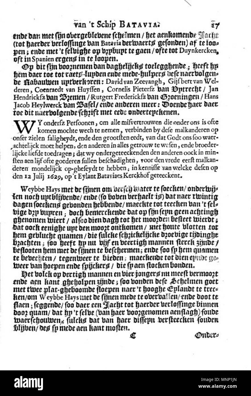 . Sommario ==Questa è una pagina dal 1647 Libro olandese Ongeluckige voyagie, non va schip Batavia ("sfortunato viaggio della nave Batavia'). Categoria:Ongeluckige voyagie, non va schip Batavia]] . 1647. Il lavoro è nominalmente di Jan Jansz, ma è in realtà una terza persona tranposition della gazzetta di Francisco Pelsaert. 942 Ongeluckige voyagie vant schip Batavia (pagina 17) Foto Stock