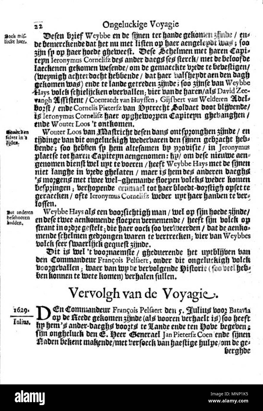 . Questa è una pagina dal 1647 Libro olandese Ongeluckige voyagie, non va schip Batavia ("sfortunato viaggio della nave Batavia'). 1647. Il lavoro è nominalmente di Jan Jansz, ma è in realtà una terza persona tranposition della gazzetta di Francisco Pelsaert. 942 Ongeluckige voyagie vant schip Batavia (pagina 22) Foto Stock