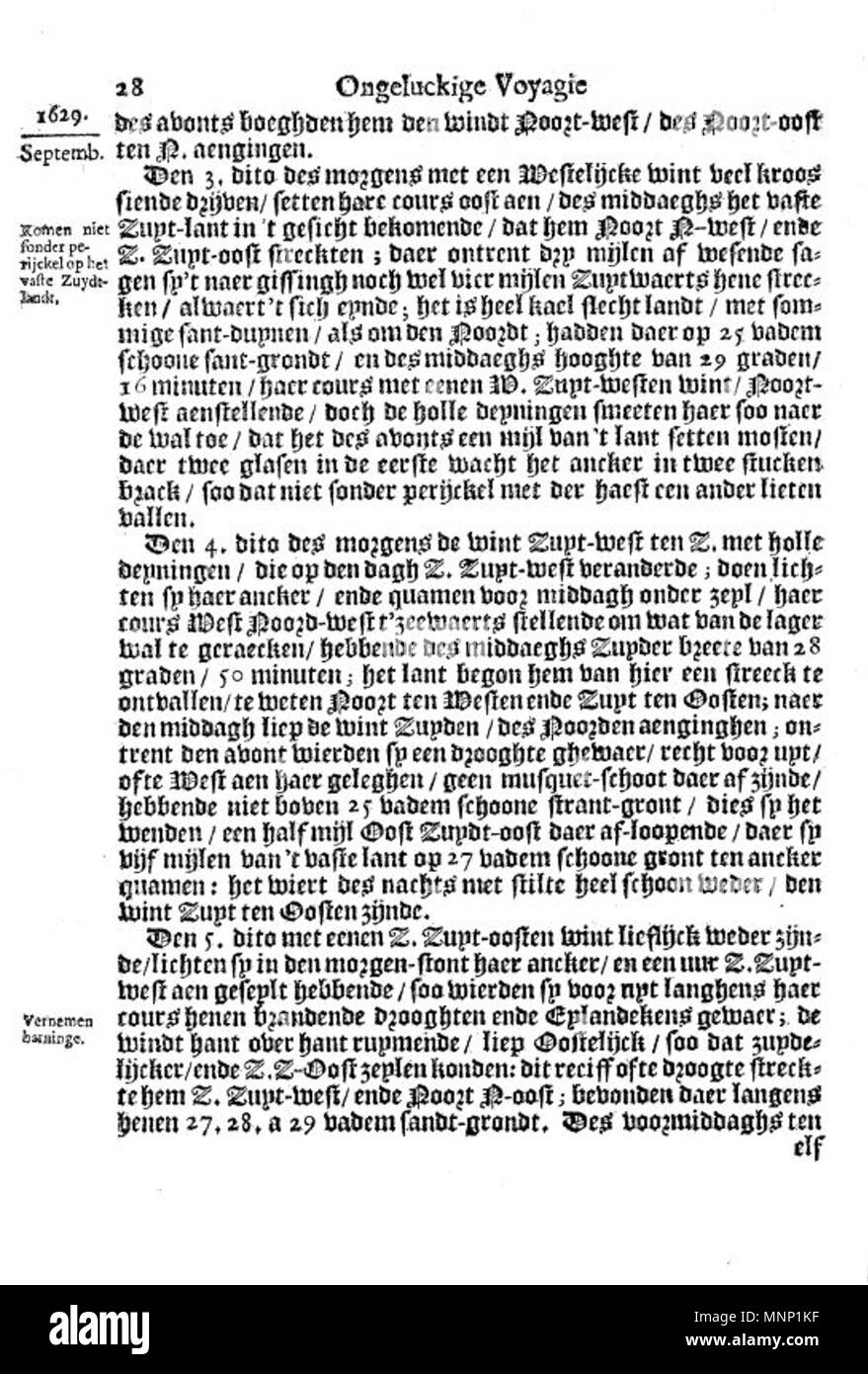 . Sommario ==Questa è una pagina dal 1647 Libro olandese Ongeluckige voyagie, non va schip Batavia ("sfortunato viaggio della nave Batavia'). Categoria:Ongeluckige voyagie, non va schip Batavia]] . 1647. Il lavoro è nominalmente di Jan Jansz, ma è in realtà una terza persona tranposition della gazzetta di Francisco Pelsaert. 942 Ongeluckige voyagie vant schip Batavia (pagina 28) Foto Stock