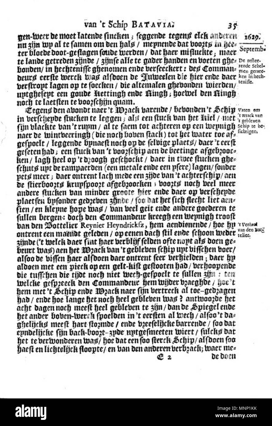 . Questa è una pagina dal 1647 Libro olandese Ongeluckige voyagie, non va schip Batavia ("sfortunato viaggio della nave Batavia'). Categoria:Ongeluckige voyagie, non va schip Batavia]] . 1647. Il lavoro è nominalmente di Jan Jansz, ma è in realtà una terza persona tranposition della gazzetta di Francisco Pelsaert. 942 Ongeluckige voyagie vant schip Batavia (pagina 35) Foto Stock
