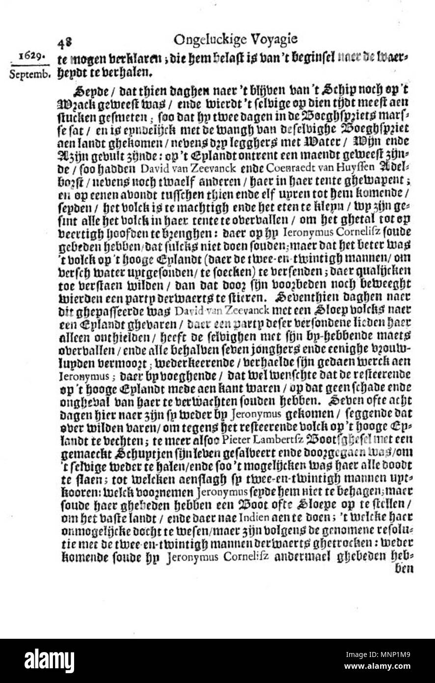 . Sommario ==Questa è una pagina dal 1647 Libro olandese Ongeluckige voyagie, non va schip Batavia ("sfortunato viaggio della nave Batavia'). Categoria:Ongeluckige voyagie, non va schip Batavia]] . 1647. Il lavoro è nominalmente di Jan Jansz, ma è in realtà una terza persona tranposition della gazzetta di Francisco Pelsaert. 942 Ongeluckige voyagie vant schip Batavia (pagina 48) Foto Stock