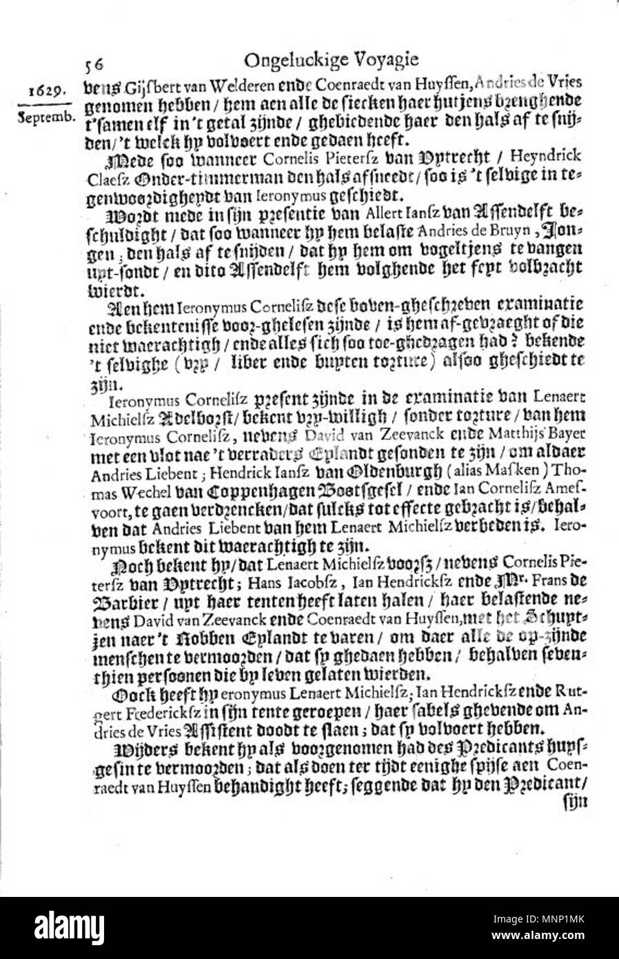. Questa è una pagina dal 1647 Libro olandese Ongeluckige voyagie, non va schip Batavia ("sfortunato viaggio della nave Batavia'). 1647. Il lavoro è nominalmente di Jan Jansz, ma è in realtà una terza persona tranposition della gazzetta di Francisco Pelsaert. 942 Ongeluckige voyagie vant schip Batavia (pagina 56) Foto Stock