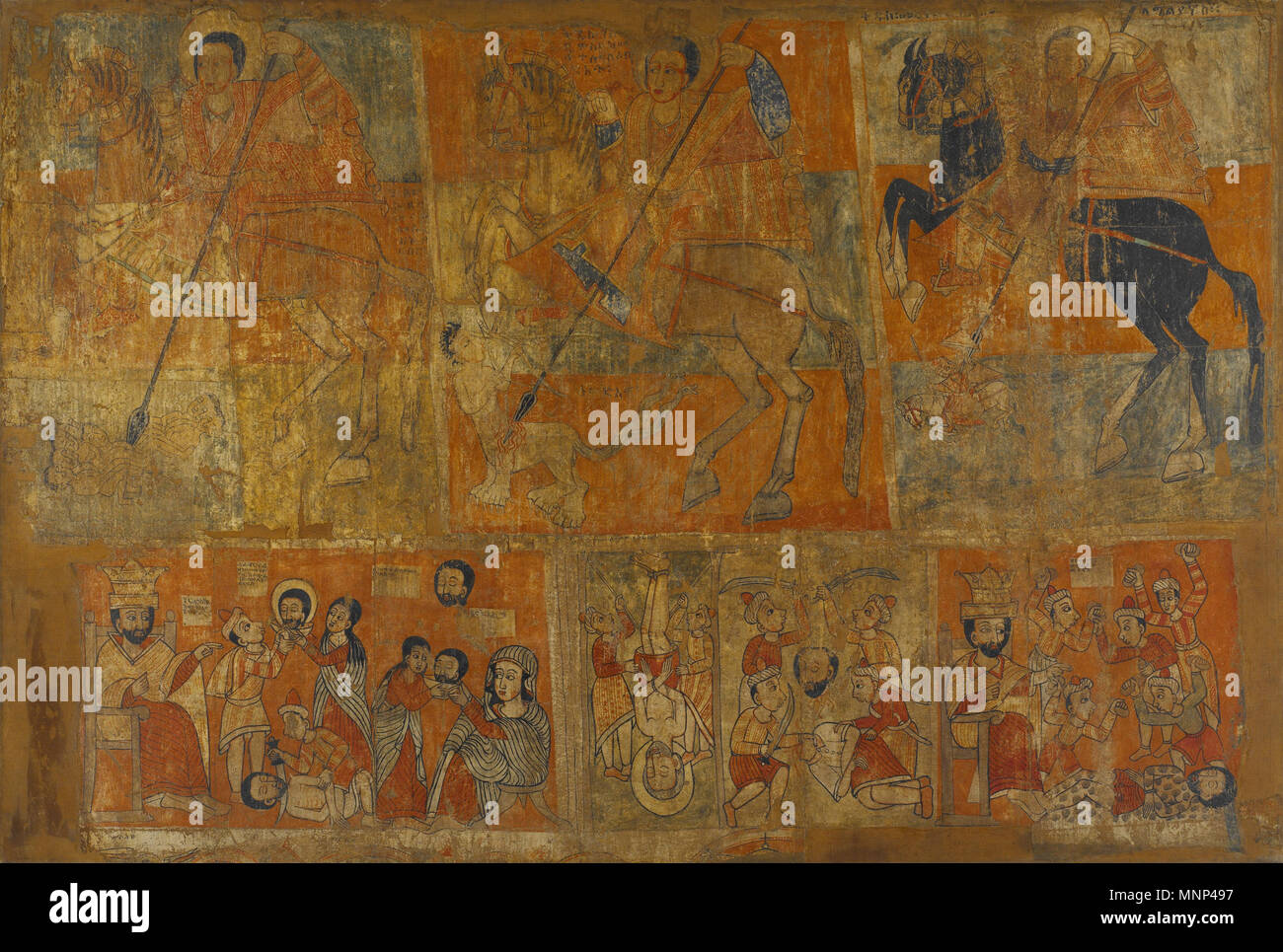 Francese: Peinture de l'église d'Abbas Antonios - Cavaliers et martiri dipinto dalla chiesa di Abbas Antonios - Cavalieri e dei martiri fine del XVII secolo. 953 DIPINTO dalla chiesa di Abbas Antonios - Cavalieri e martiri - Google Art Project Foto Stock