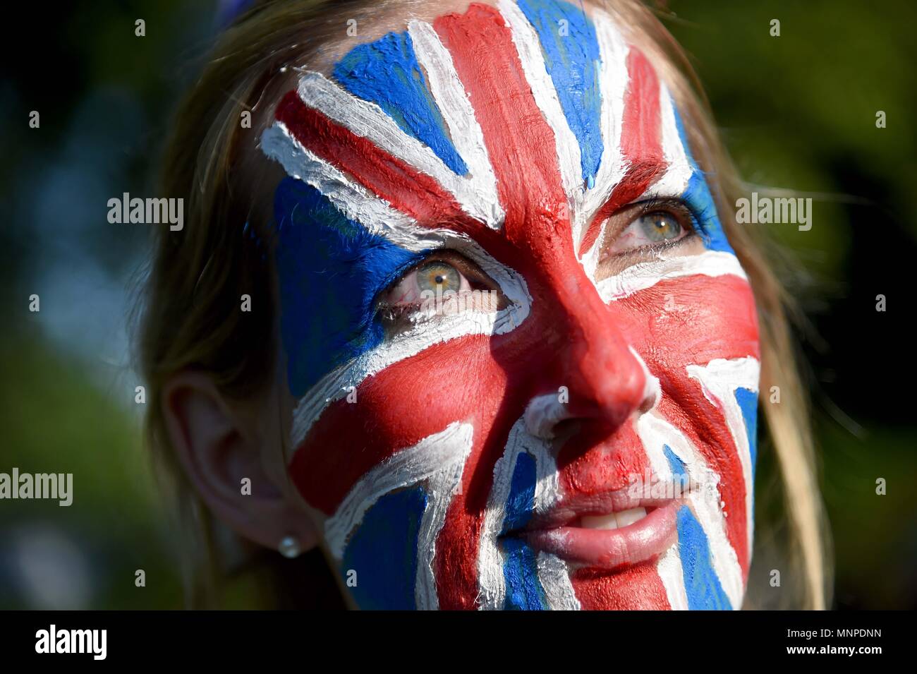 Donna indossa Unione Jack faccia vernice durante il Royal Wedding in Windsor, Regno Unito. Credito: Finnbarr Webster/Alamy Live News Foto Stock