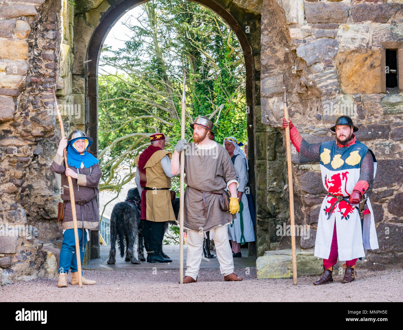 Dirleton, East Lothian, Scozia, Regno Unito, 19 maggio 2018. Dirleton Castle attack rievocazione. Il centro storico si intraversa società allestimento di un ironico rievocazione di un attacco da parte di Robert the Bruce, re di Scozia, intorno al 1311, a prendere il castello dall'inglese, vestito in abiti autentici e corazza ed armato con armi di replica in ambienti storici della Scozia Dirleton Castle. Gli uomini che giocano i soldati in costume, indossando il bollitore helms e portante i lucci. Un uomo con un drago gallese simbolo sul suo costume Foto Stock