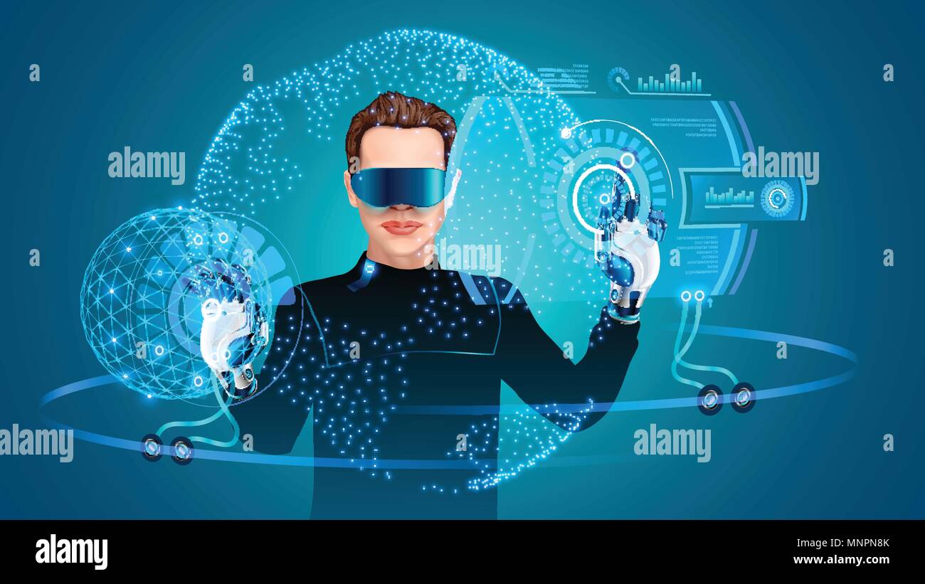 Uomo che utilizza indossando la realtà virtuale auricolare. Uomo al lavoro con astratta interfaccia HUD. Sistema di realtà aumentata sostituisce le mani utente su bracci robotizzati. Illustrazione Vettoriale