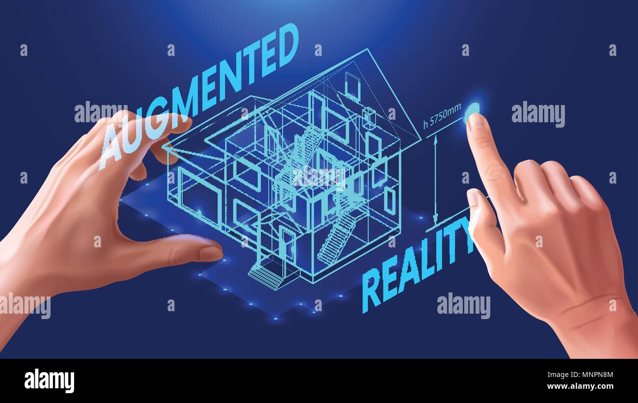 3D casa piano. Il tecnico utilizza l'interfaccia virtuale per la realtà aumentata nella progettazione architettonica della casa. Virtual interfaccia interattiva c Illustrazione Vettoriale