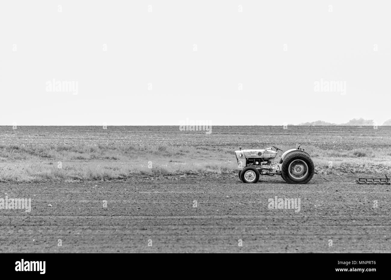 Immagine in bianco e nero di un trattore agricolo in un parzialmente campo arato in Bridgehampton, NY Foto Stock
