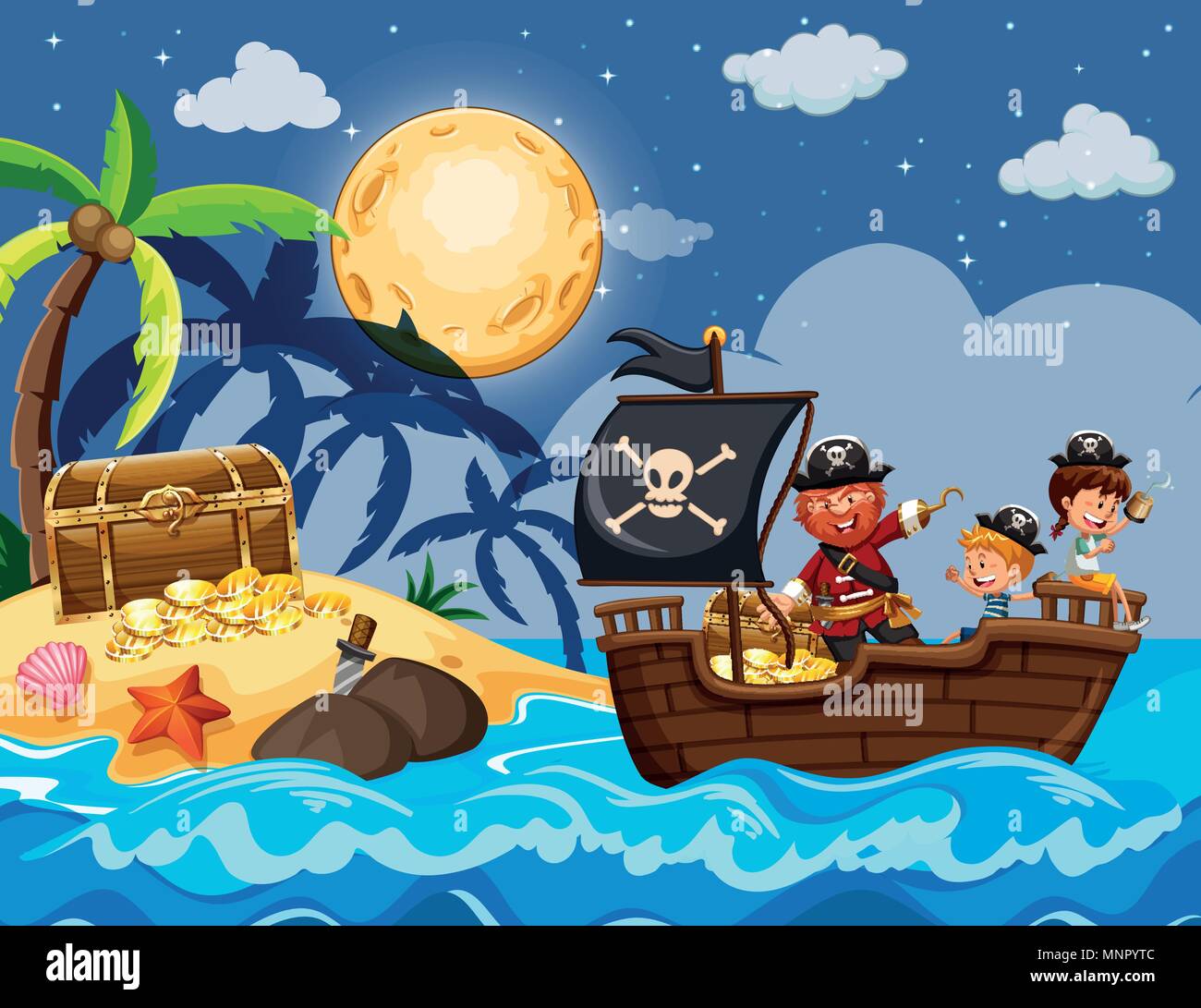 Pirata e bambini trovare tesoro illustrazione Illustrazione Vettoriale