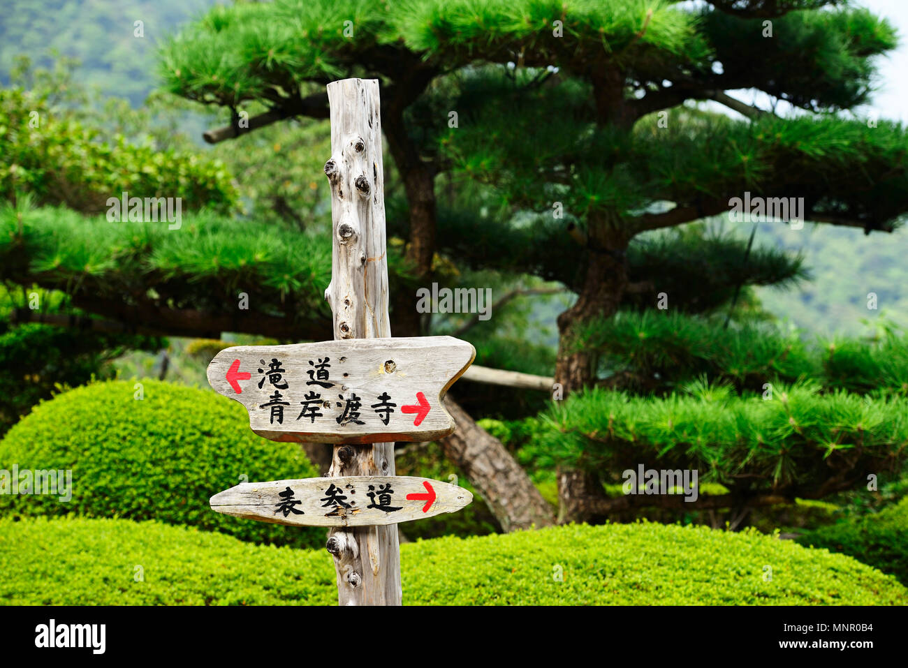 La segnaletica, Nakahechi percorso, Kumano Kodo pellegrinaggio sentiero, Wakayama, isola di Honshu, Giappone Foto Stock