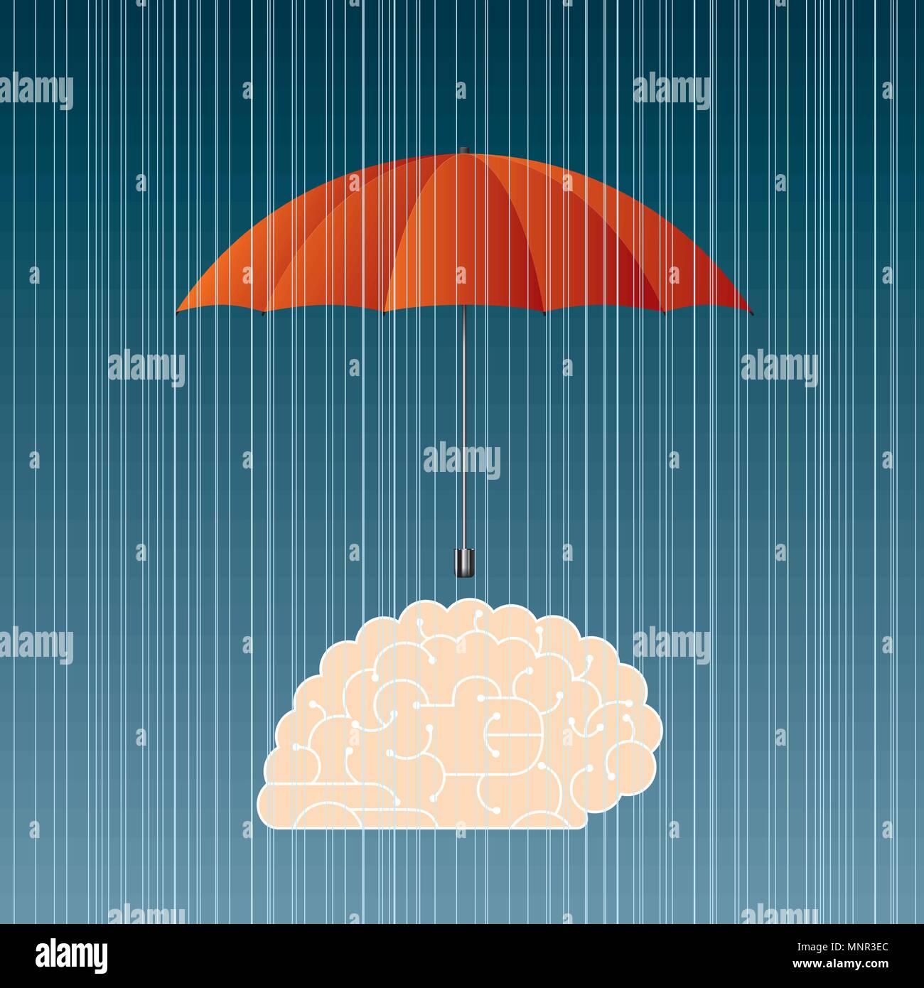Grande creative design concept, cervello protetto da ombrello. Illustrazione Vettoriale