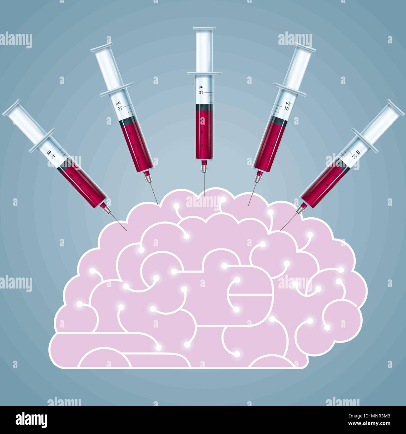 Grandi idee design concept, iniettano droghe nel cervello. Illustrazione Vettoriale