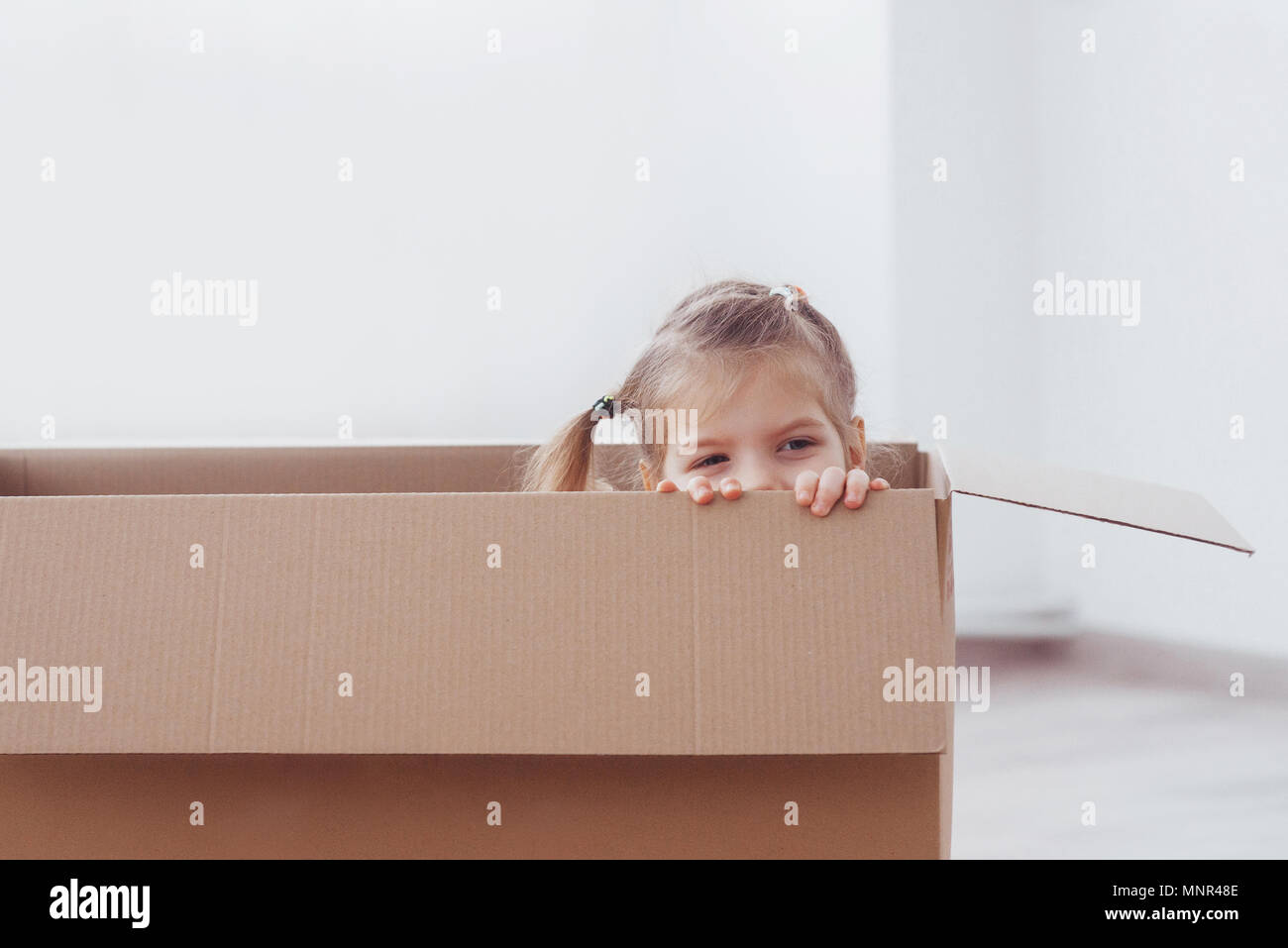 Bambino preschooler ragazzo giocando all'interno della scatola di carta. Infanzia, riparazioni e il nuovo concetto di casa Foto Stock