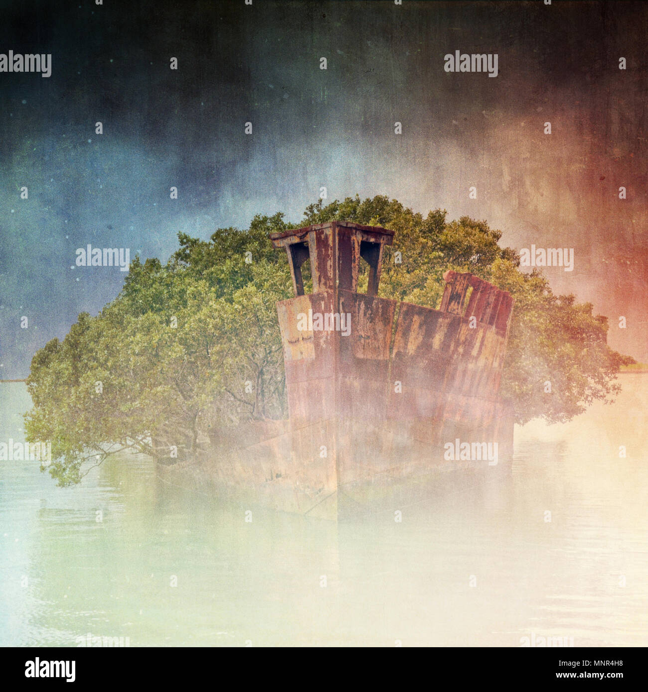 Grunge textured fantomatiche arrugginita Naufragio del vapore collier SS Ayrfield in Homebush Bay, Sydney, Australia. Forniture effettuate a Pacific alleati, WW2 Foto Stock