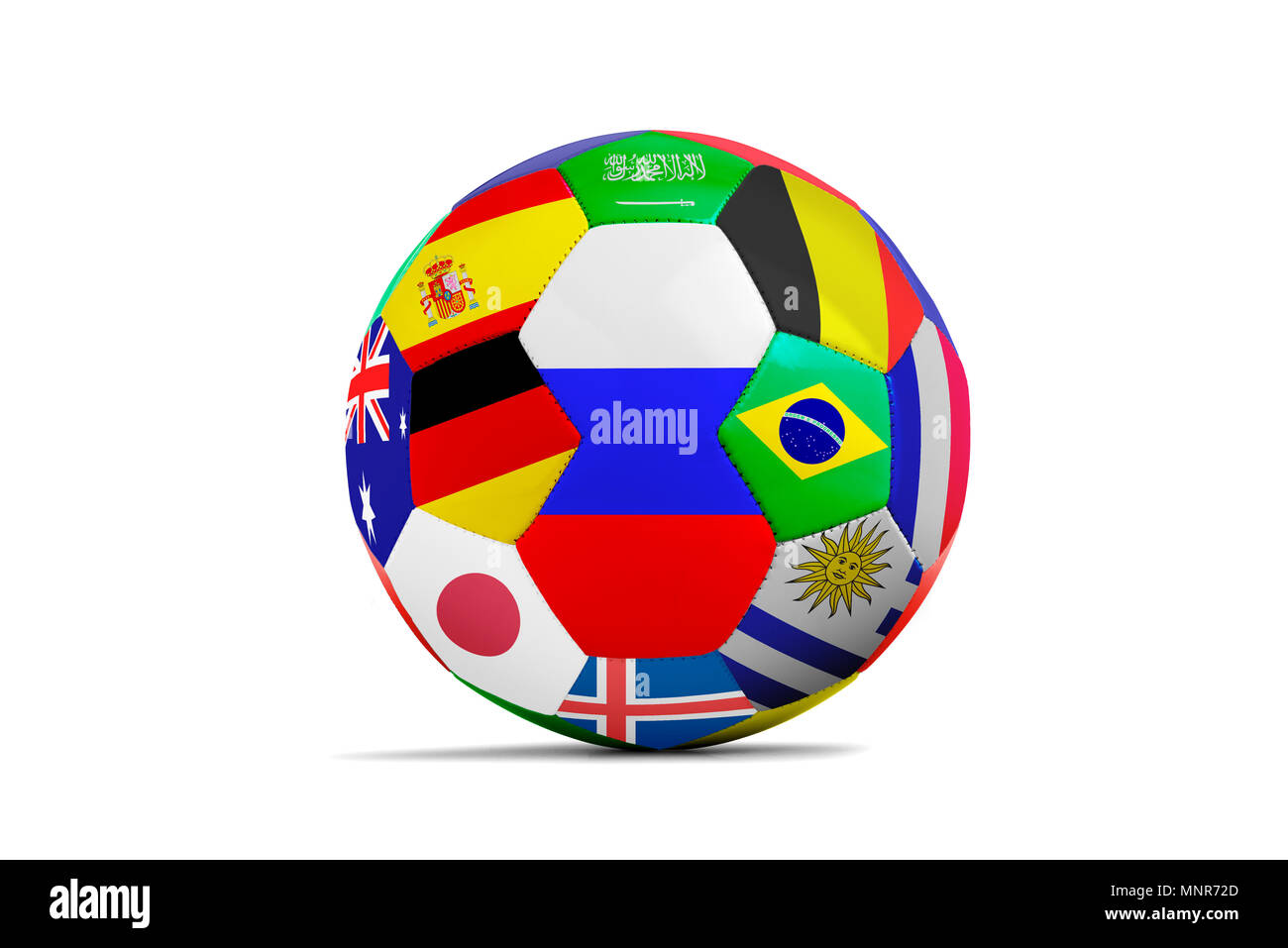 Pallone da calcio isolato con un sacco di bandiera su bianco Foto Stock