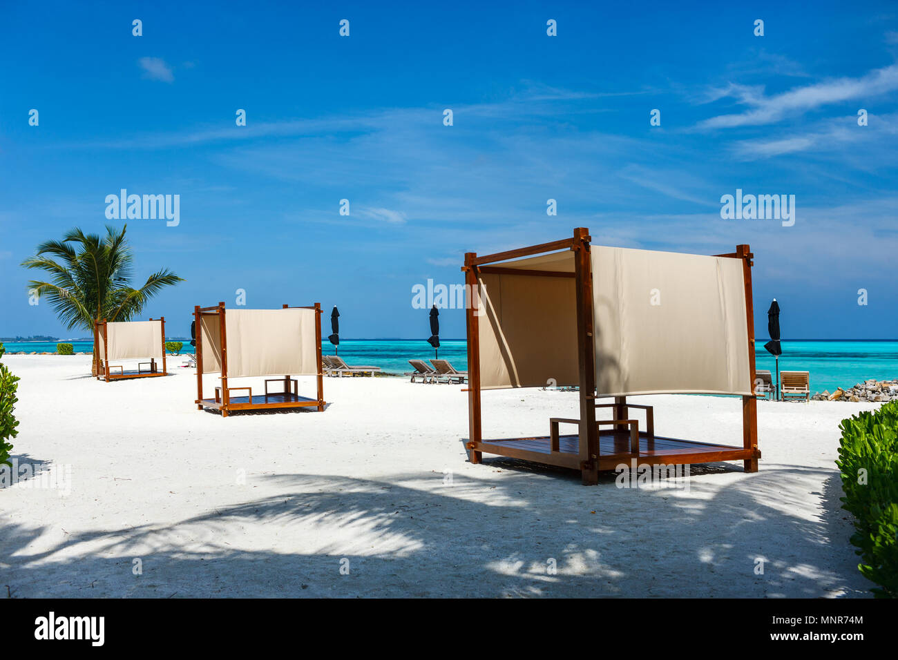 Letto da giorno cabana su una bella spiaggia tropicale con un albero di  palma a Maldive Foto stock - Alamy