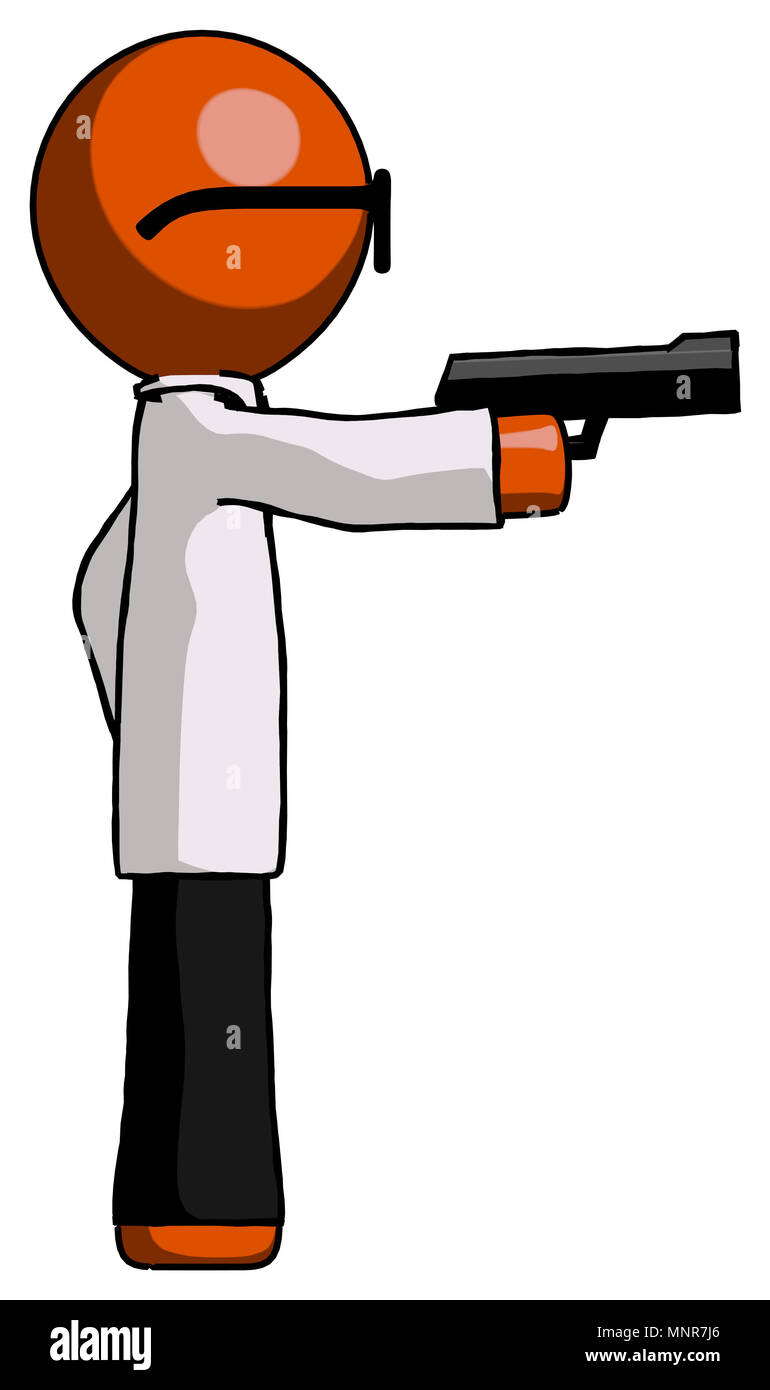 Orange medico scienziato uomo sparare una pistola. Foto Stock