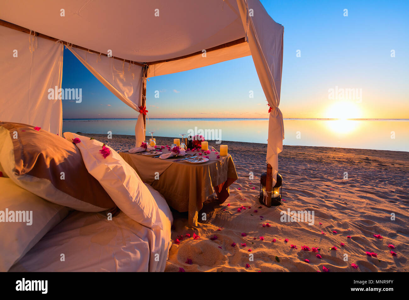 Romantica cena di lusso impostazione alla spiaggia tropicale sul tramonto Foto Stock