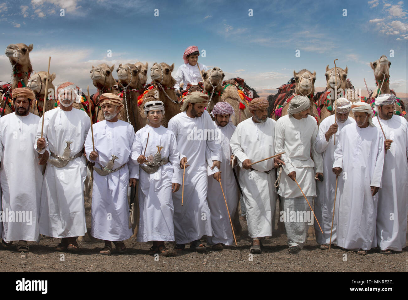 AL Safen, Oman, 27 Aprile 2018: degli uomini con i loro cammelli passeggiate in un paesaggio di Oman Foto Stock