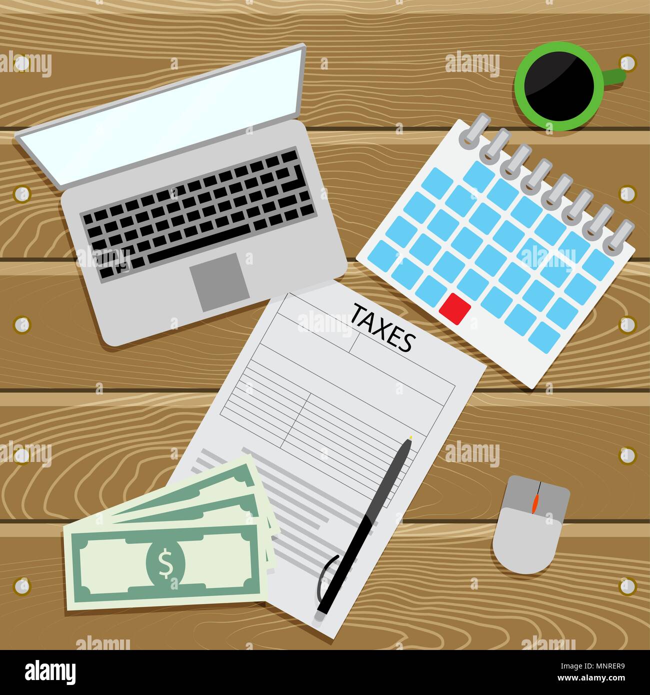 Invia di ritorno fiscale vista dall'alto. Vettore di pagamento fiscale, relazione e presentare ragioniere finanziari, la fiscalità illustrazione Illustrazione Vettoriale