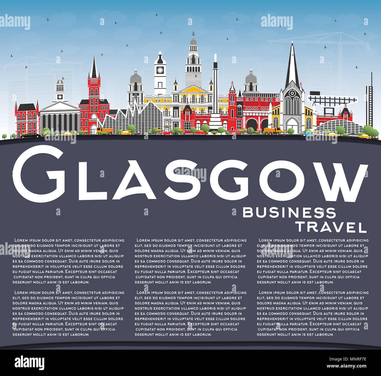 Glasgow Scozia skyline della città con edifici di colore, il blu del cielo e spazio di copia. Illustrazione Vettoriale. Viaggi di affari e turismo Concept Illustrazione Vettoriale