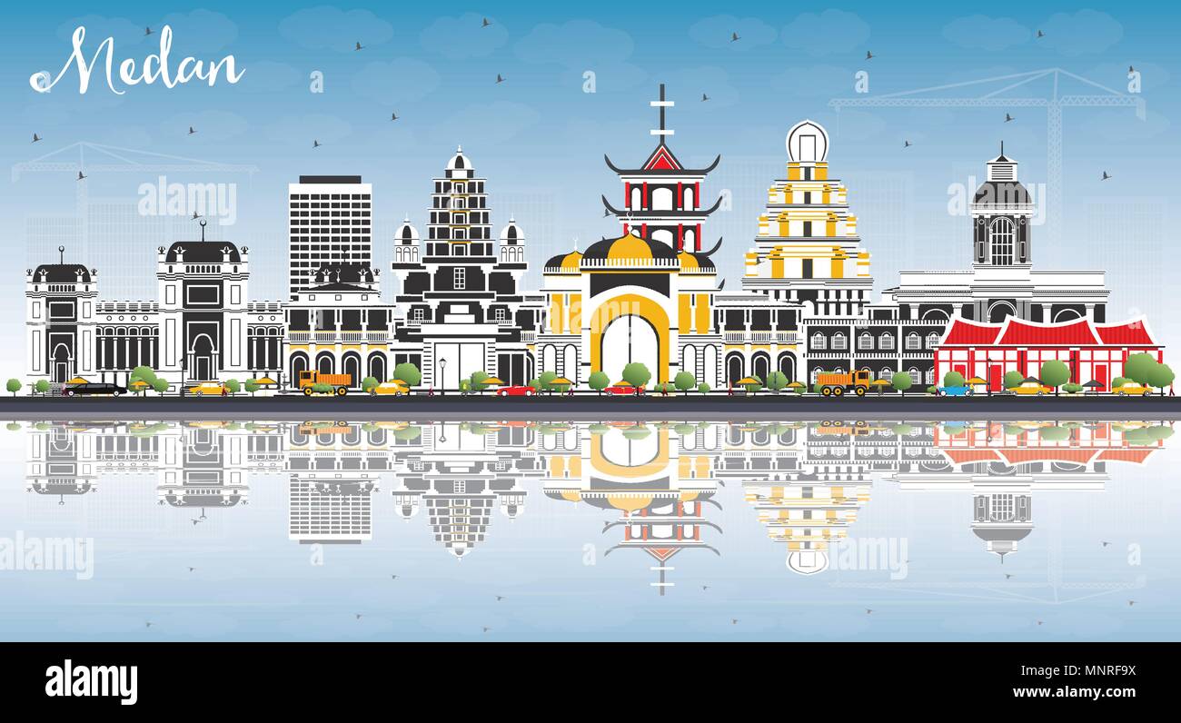 Medan Indonesia skyline della città con edifici di colore, cielo blu e riflessi. Illustrazione Vettoriale. Illustrazione Vettoriale