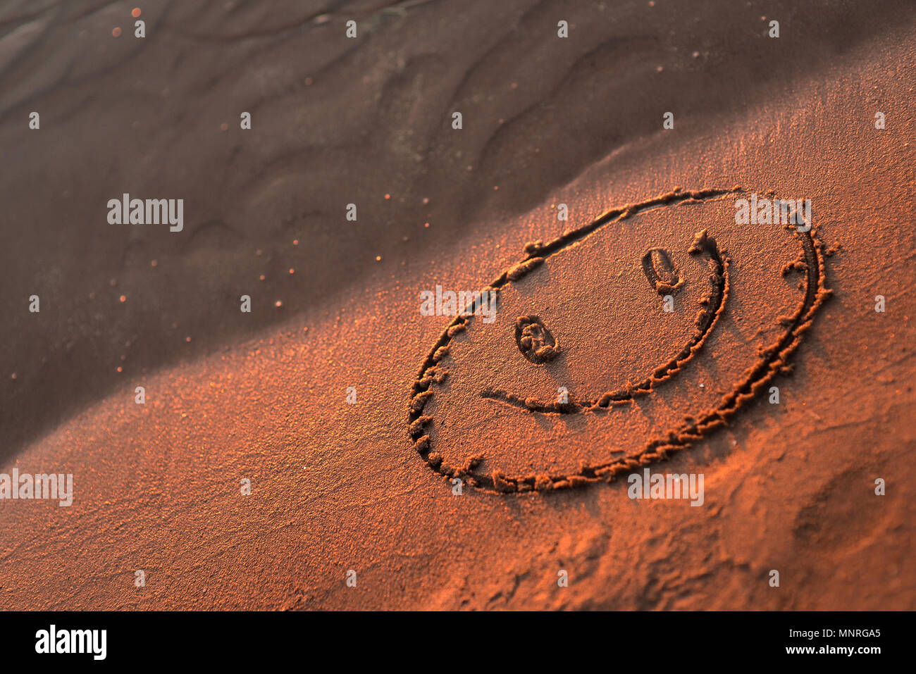 Felice volto sorridente nella sabbia. Gli occhi e la bocca disegnata con un dito asciutto ocherous sabbia. Foto macro close up dal di sopra. Foto Stock