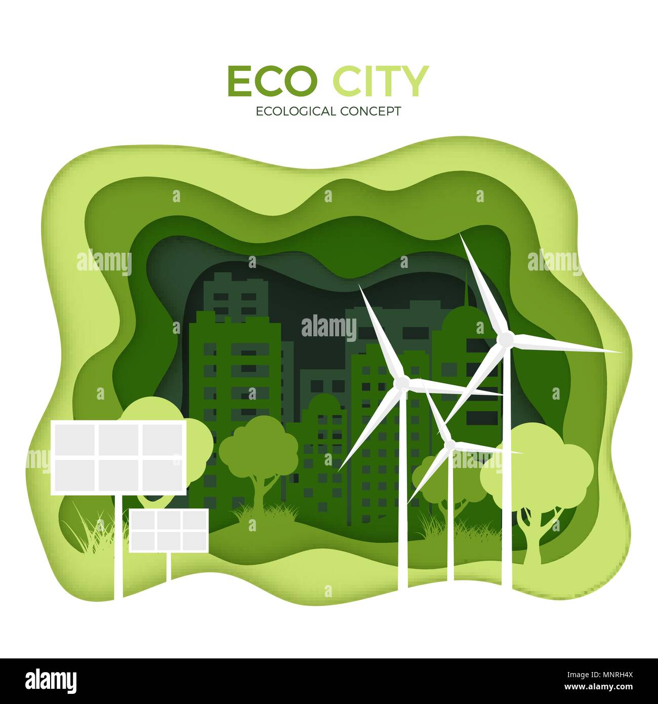 Città Eco concetto ecologico. Libro verde tagliato modello di pagina di intestazione. Giornata mondiale dell'ambiente. Fonte di energia verde batteria solare ed eolica. Il vettore Illustrazione Vettoriale