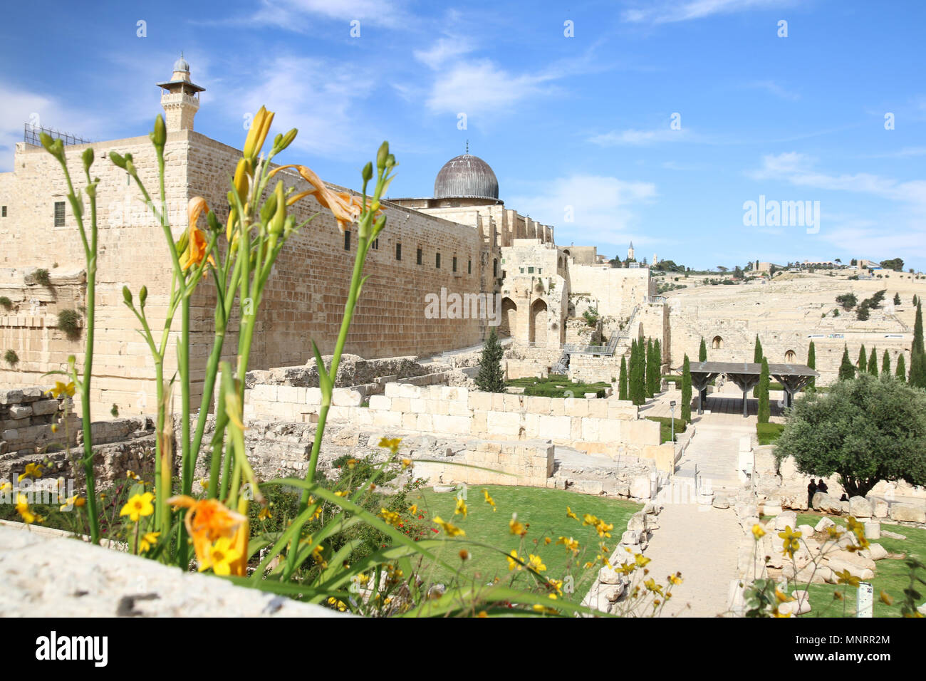 Gerusalemme, Israele - 16 Maggio 2018: Vista della al-Aqsa mosque sul Monte del Tempio a Gerusalemme. Il Monte del Tempio è uno dei più controversi santo Foto Stock