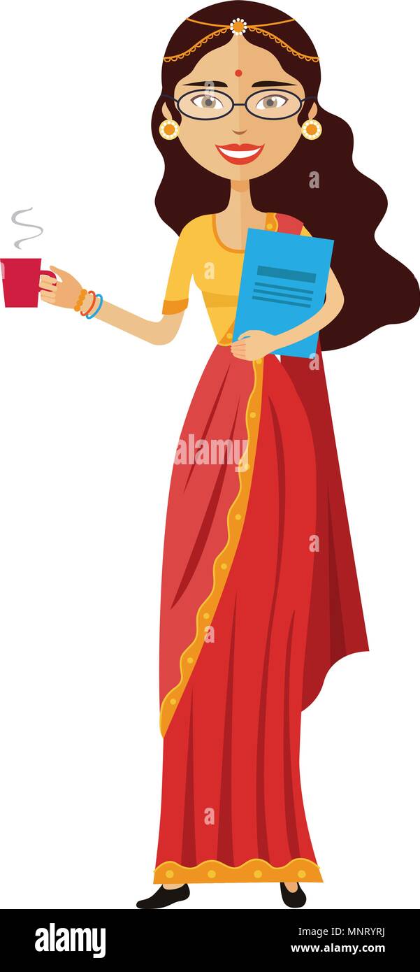 Indian business donna con una tazza di tè vettore cartoon piatta illustrazione Illustrazione Vettoriale
