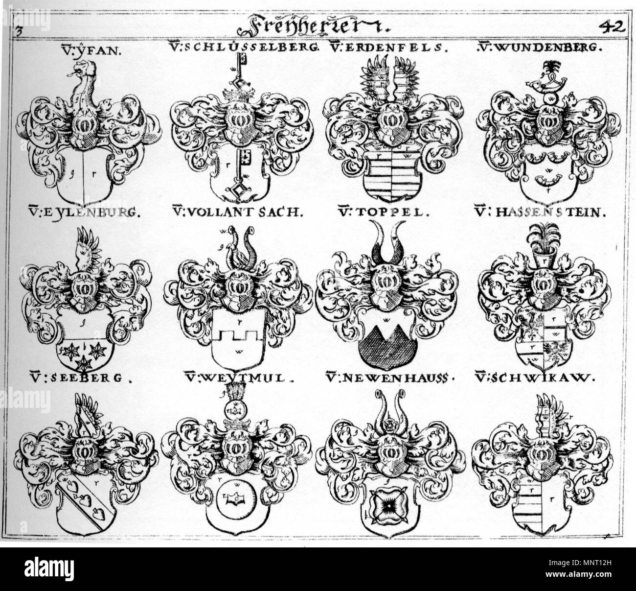. Freiherren - Siebmacher 1701/3 - Blatt 042 . Teil: 1 1701/Teil: 2 1703. Johann Siebmacher (1561-) nomi alternativi Johann Ambrosius Siebmacher Johann Sibmacher, Johann Syber Descrizione pittore tedesco, incisore e incisore, Data di nascita e morte circa 1561 23 Marzo 1611 / 1611 Luogo di nascita e morte di Norimberga Autorità di Norimberga controllo : Q74965 VIAF: 56733639 ISNI: 0000 0001 1838 8099 LCCN: N50027224 GND: 119546655 SELIBR: 91661 WorldCat 1117 Siebmacher042 - 1703 - Freiherren Foto Stock