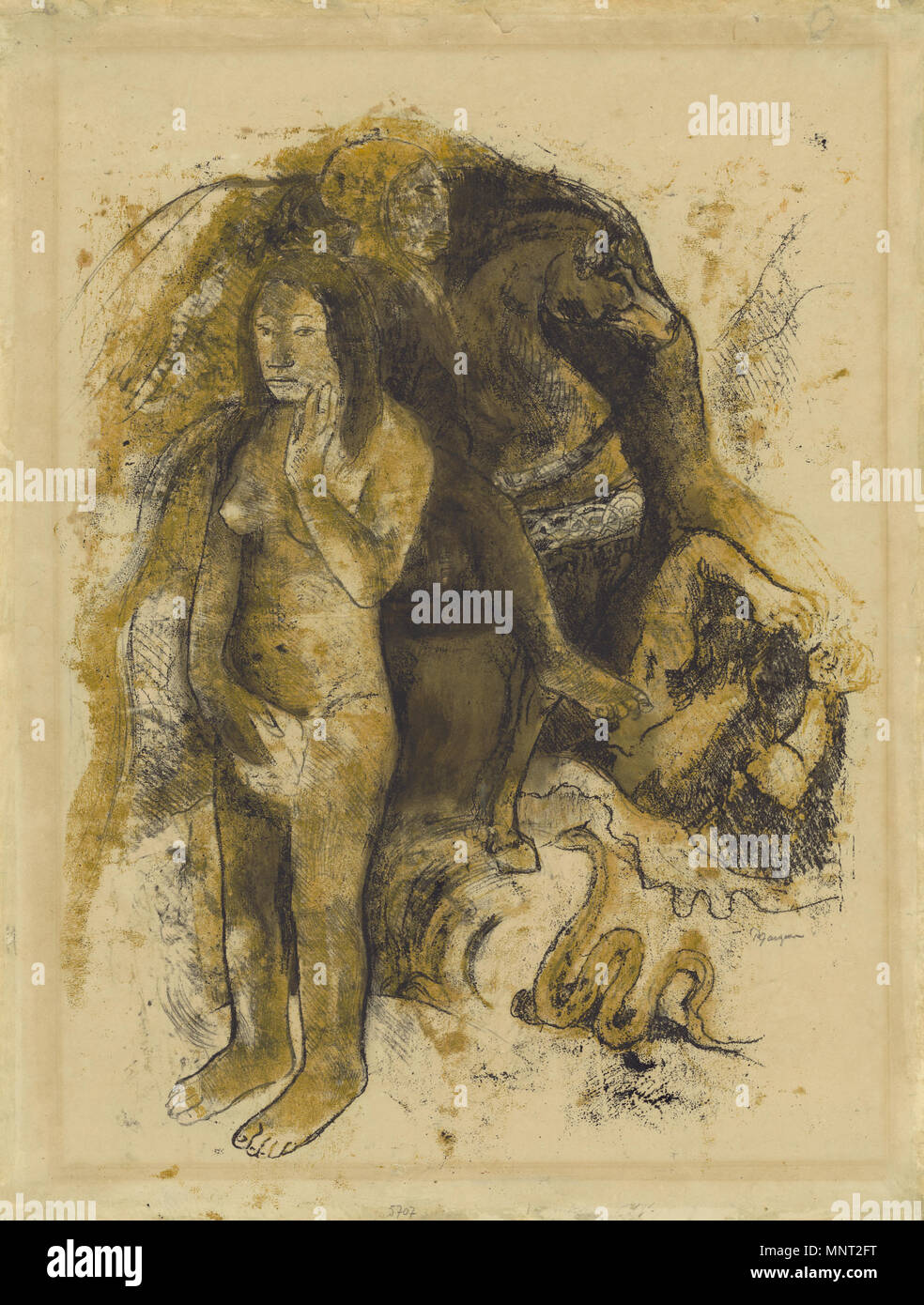 Eve ("l'Incubo"); Paul Gauguin (francese, 1848 - 1903); Sud Pacifico, Tahiti; circa 1899 - 1900; nero inchiostro della stampante color ocra, inchiostro, solvente liquido (trementina?) su carta intessuta (recto); grafite e blu pastello a matita con tracce di olio diluito medio (verso); 64,2 x 48,9 cm (25 1/4 x 19 1/4 in.); 2007.33 Eve ("l'Incubo") 966 Paul Gauguin, Eva (l'Incubo), 1899-1900 monotype Foto Stock