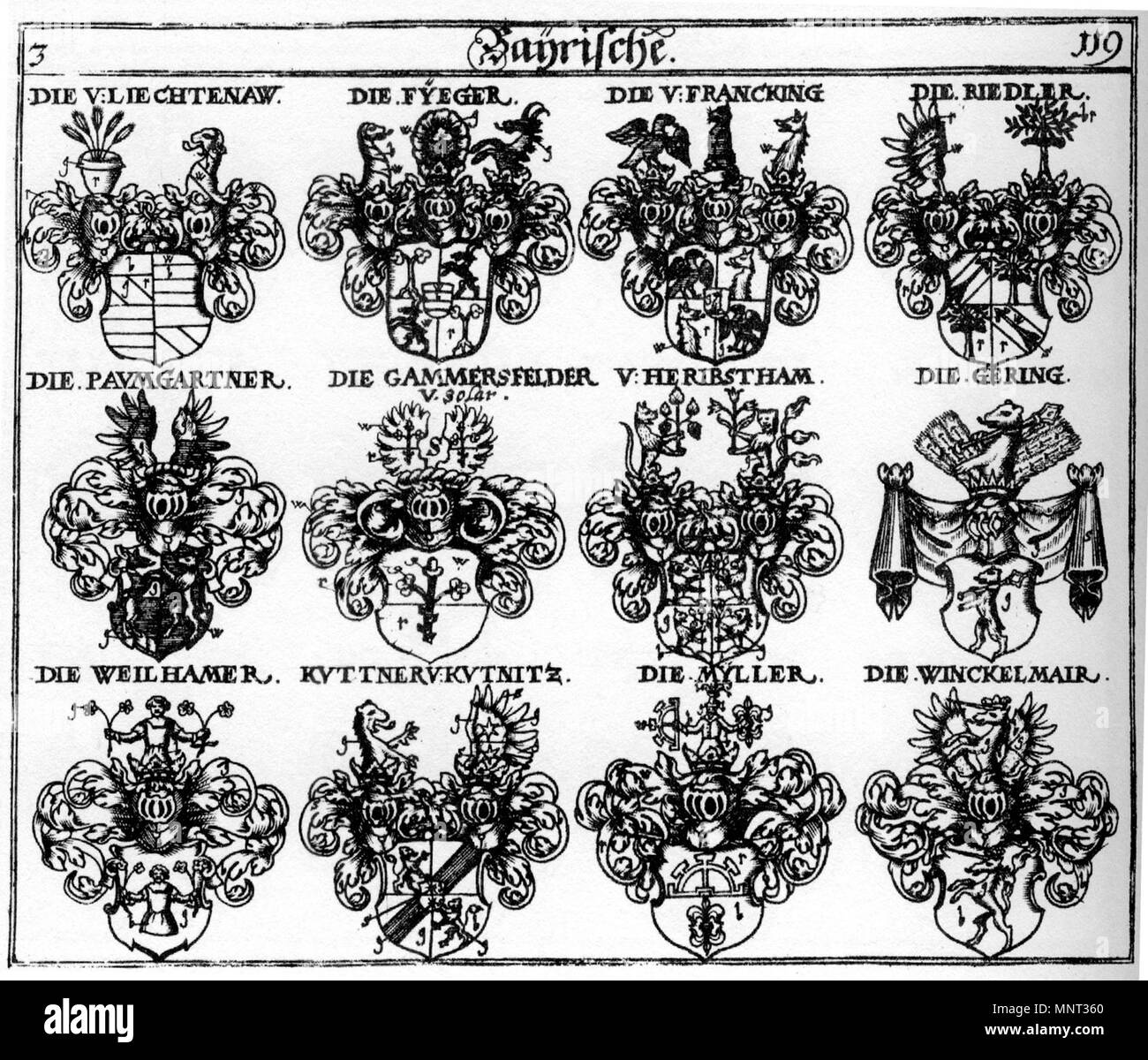 . Bayerische Ritter und Adelige - Siebmacher 1701/3 - Blatt 119 . Teil: 1 1701/Teil: 2 1703. Johann Siebmacher (1561-) nomi alternativi Johann Ambrosius Siebmacher Johann Sibmacher, Johann Syber Descrizione pittore tedesco, incisore e incisore, Data di nascita e morte circa 1561 23 Marzo 1611 / 1611 Luogo di nascita e morte di Norimberga Autorità di Norimberga controllo : Q74965 VIAF: 56733639 ISNI: 0000 0001 1838 8099 LCCN: N50027224 GND: 119546655 SELIBR: 91661 WorldCat 1118 Siebmacher119 - 1703 - Bayern Foto Stock