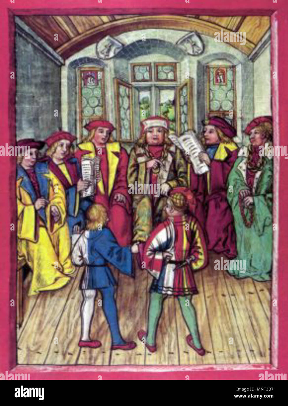 . Inglese: i negoziati per la Pace di Basilea nel 1499 alla fine della guerra di Svevia. Il Milanese envoy Galeazzo Visconti presenta le sue proposte di pace alla delegazione del Sacro Romano Imperatore Massimiliano I presso il municipio di Basilea. Un delegato da Lucerna (anteriore sinistro nel blu-abito bianco) traduce. Deutsch: Darstellung der Friedensverandlungen über das Ende des Schwabenkrieges 1499 a Basilea im Luzerner Schilling 1513. Der Mailänder Gesandte präsentiert seinen Entwurf des Friedens der delegazione von Kaiser Maximilian I. im Rathaus von Basilea. Ein Abgesandter der Stadt Luzern, erkennbar am Foto Stock