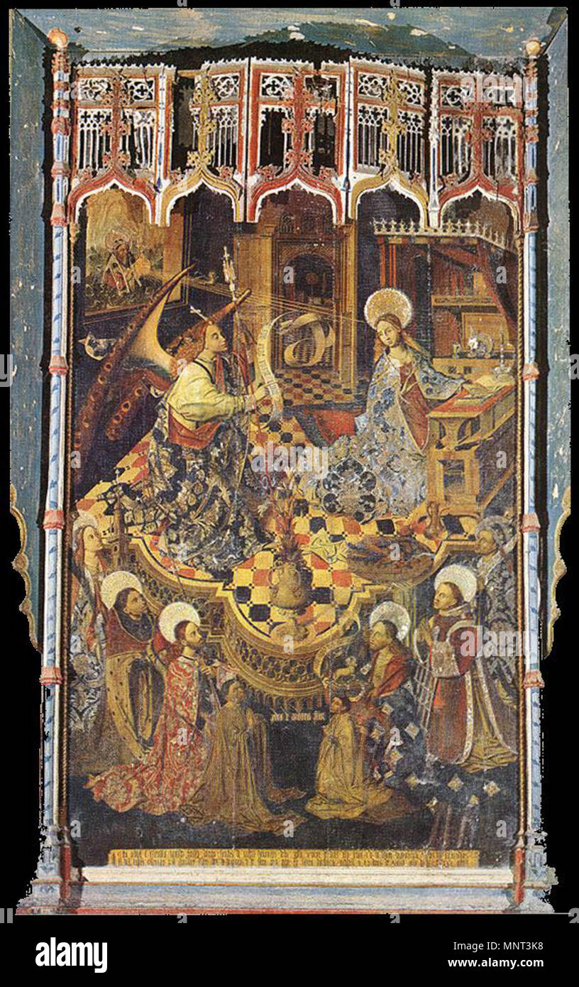Anunciación con santos y donantes . Español: La obra rappresentanouna la Anunciación a la Virgen María junto con un grupo de Santos y donantes. Esta obra le fue encargada al pintor Pedro de Córdoba por el canónigo Diego Sánchez de Castro, y fue terminada el día 20 de marzo de 1475, según consta consta en n.a. inscripción localizada en la tabla que está aoompañada por la firma del autor. . 1475. 970 Pedro de Cordoba (pittore) - Annunciazione - WGA05232 Foto Stock