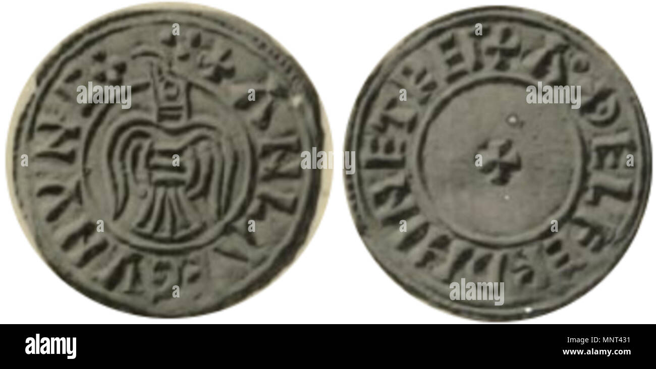 . Inglese: un centesimo coniate a en:York nel regno di en:Amlaíb Cuarán (Anlaf Sihtricson). Complementare mostra una en:Raven, inversione di una croce. Complementare leggenda leggere come 'ANLAF CYNYNG'. Invertire i nomi dei moneyer, AEthelfrith. Peso 19,8 grani, 0,8 ammenda. 1899 (data di pubblicazione del Grueber il libro) o precedente. Non vi è alcuna persona accreditato per le immagini contenute il lavoro. L'introduzione grazie Clarendon Press per la produzione di questi en:collotipie. La British Library catalogo record per questo lavoro non specificare qualsiasi fotografo sia, e l'immagine è creduto di essere anonimi sotto la legge britannica, e ol Foto Stock