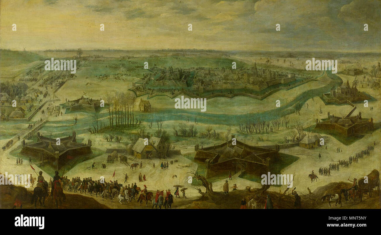 Un assedio di una città, il pensiero di essere l'assedio di Gulik dallo spagnolo sotto il comando di Hendrik van den Bergh, 5 settembre 1621-3 Febbraio 1622 . Assedio e cattura di Julich dall'esercito spagnolo guidato da Hendrik van den Bergh nel 1621-1622. Vista della città e del suo castello, circondato da avanzare e retrocedere truppe. Tra il 1612 e il 1666. 978 Peter Snayers 001 Foto Stock