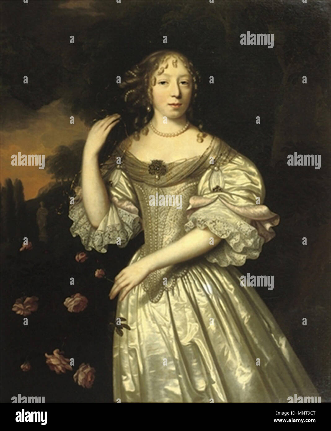 . Inglese: Ritratto di una donna in un argento abito in seta decorata con perle, stando in piedi in un parco paesaggio nei pressi di un cespuglio di rose . 1671. Pieter Nason (fl. 1632-1690) nomi alternativi Pietro Nason, Pieter Naso, Pieter Nasoo, Pieter Nazon Descrizione pittore olandese e disegnatore Data di nascita e morte circa 1612 circa 1690 Luogo di nascita e morte ad Amsterdam l'Aia opera periodo dal 1632 fino al 1690 sede di lavoro Amsterdam (1632-1638), l'Aia (1639-1690), Londra (1663-1664), Berlino (circa 1666) Autorità di controllo : Q445825 VIAF: 122066430 ULAN: 500002649 GND: 133852644 BPN: 25629972 Foto Stock