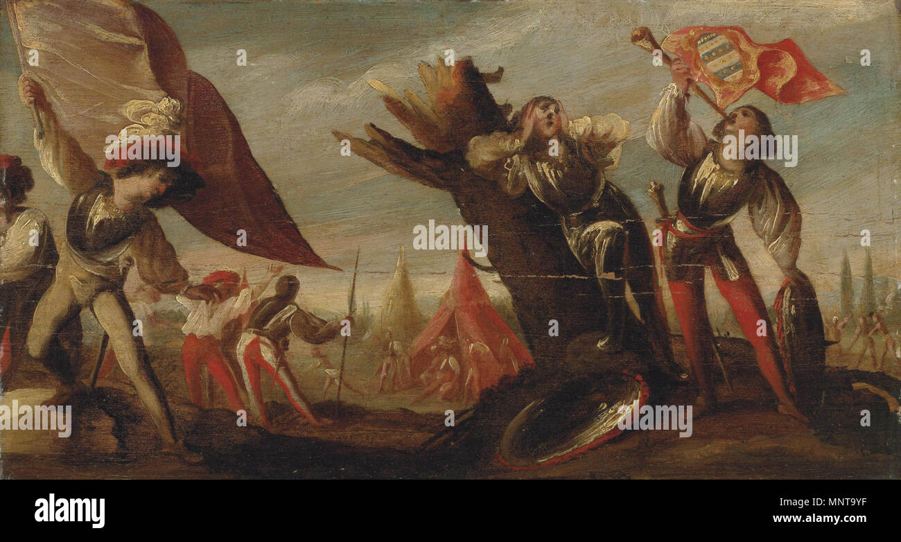 Paesaggio con un soldato di suonare la tromba e un alfiere, un accampamento militare al di là tra 1626 e 1678. 995 Pietro della Vecchia - Paesaggio con un soldato di suonare la tromba e un alfiere, un accampamento militare al di là Foto Stock