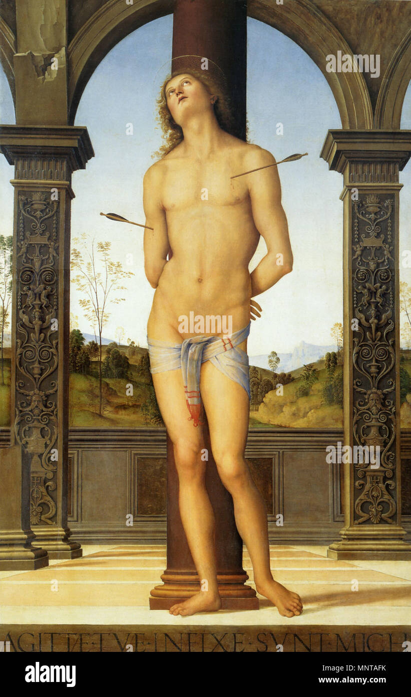 San Sebastian . Pietro Perugino: San Sebastiano. Cat. No. 22 a Vittoria Garibaldi: Perugino. Catalogo completo. Octavo, Firenze 2000, ISBN 88-8030-091-1 . circa 1490. 997 Pietro Perugino cat22 Foto Stock
