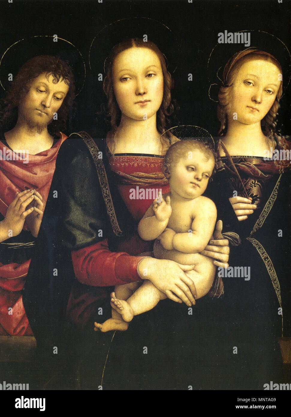 Madonna con Bambino e San Giovanni Battista e Santa Caterina di Alessandria . Pietro Perugino: Madonna col Bambino tra San Giovanni Battista e Santa Caterina d'Alessandria, Museo del Louvre, Parigi. Cat. No. 34 a Vittoria Garibaldi: Perugino. Catalogo completo. Octavo, Firenze 2000, ISBN 88-8030-091-1 . circa 1495. 997 Pietro Perugino cat34 Foto Stock