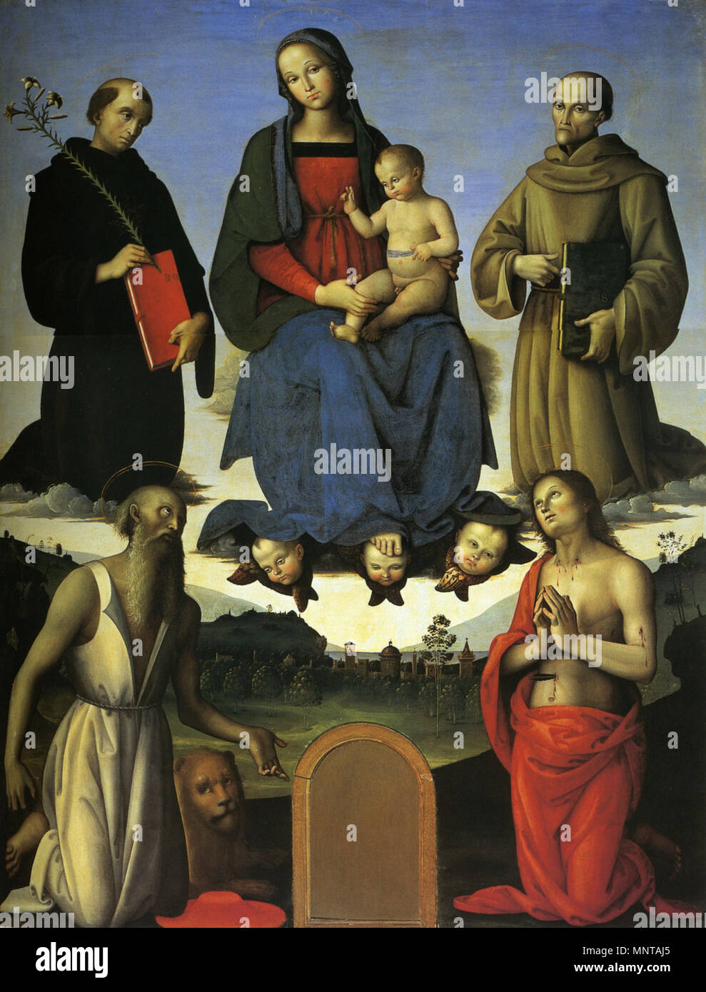 Pala Tezi (Vergine col Bambino, San Nicola da Tolentino e San Bernardino da Siena) 1500. 997 Pietro Perugino cat57 Foto Stock