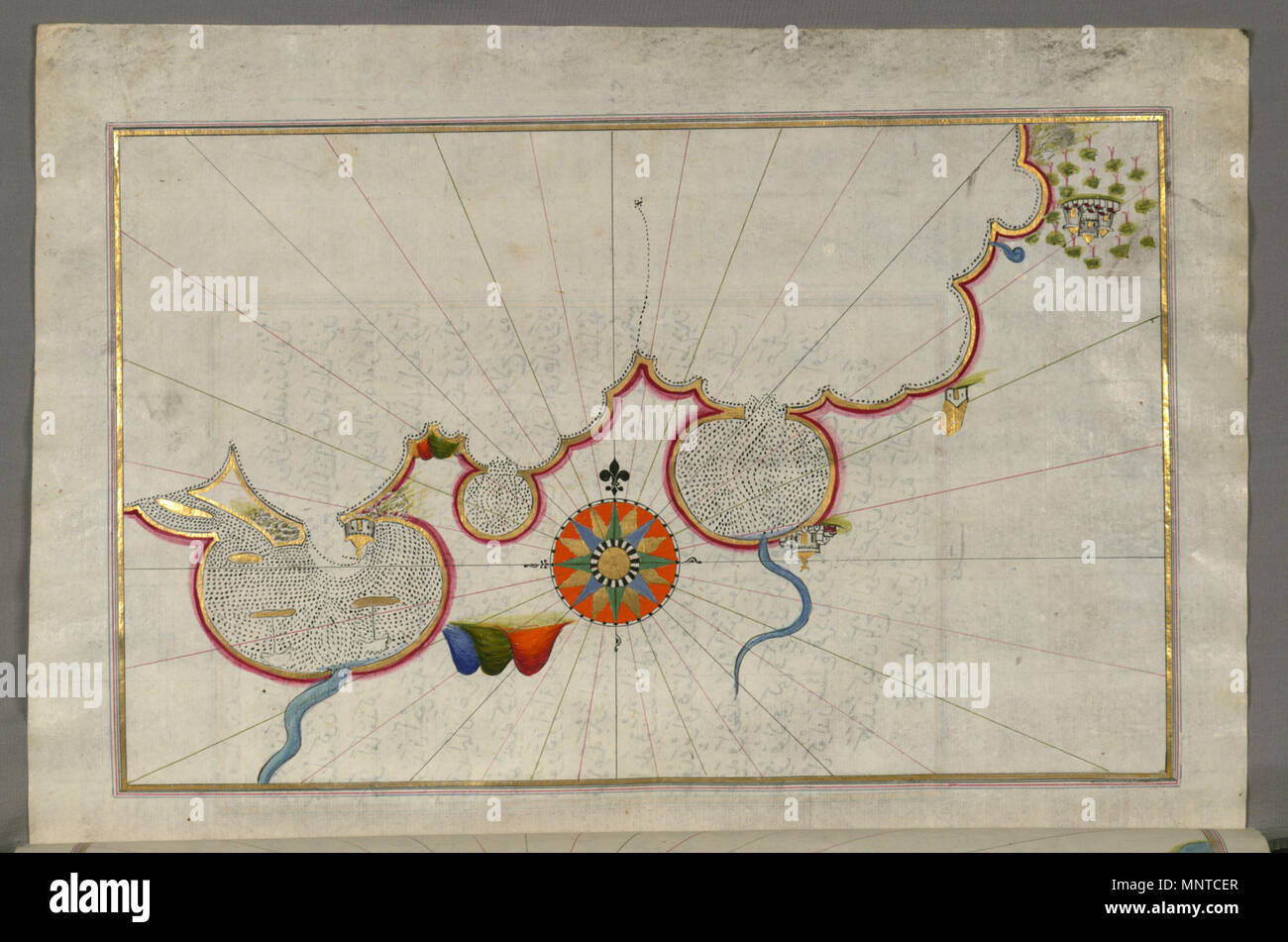 Piri Reis (Turco, 1465-1555). "Foglia dal libro sulla navigazione,' XVII - XVIII secolo. inchiostro, vernice e oro su carta. Walters Art Museum (W.658.309B): acquistato da Henry Walters. W.658.309b 1003 Piri Reis - Mappa di un camuffati parte del litorale egiziano - Walters W658309B - Pagina completa Foto Stock