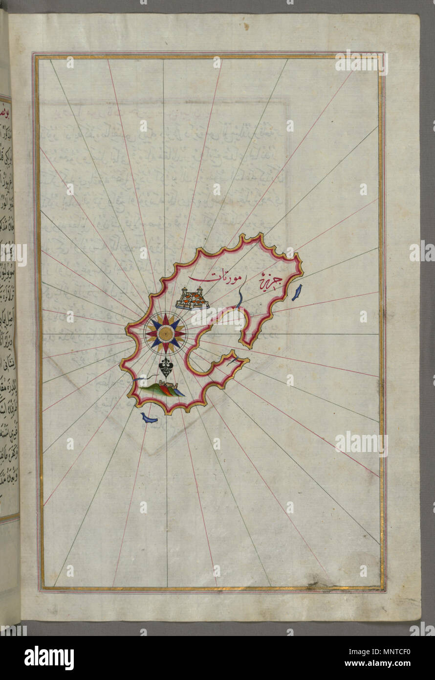 Piri Reis (Turco, 1465-1555). "Foglia dal libro sulla navigazione,' XVII - XVIII secolo. inchiostro, vernice e oro su carta. Walters Art Museum (W.658.361B): acquistato da Henry Walters. W.658.361b 1003 Piri Reis - Mappa di Isola di Keos - Walters W658361B - Pagina completa Foto Stock